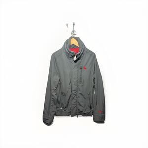 Abercrombie & Fitch Vintage Gray Bomber Jacket Men’s M Red Logo Nylon A&F